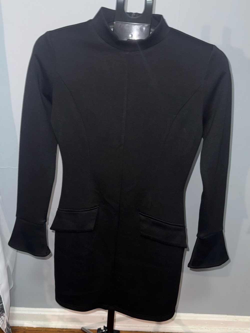 OFEFAN Bodycon Mini Dress Small Mock Neck Bell Sleeve NWT Black Cocktail Dress - Picture 2 of 12